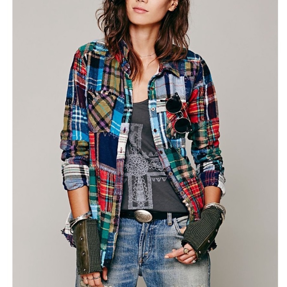 Free People Patched Plaid Buttondown
